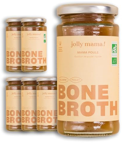 Jolly mama! Mama Poule | Bouillon d'Os de Poulet Bio | Riche en Collagène | Idéal en Postpartum | Sans Graisse Ajoutée | Fabriqué en France | 6 X 240 ml