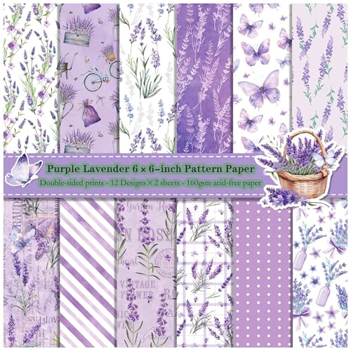 ZAKHSE Motivpapier Doppelseitig Bedruckt 24 Blatt Designpapier 15.2x15.2cm Lavendel Schmetterling Motive Scrapbook Papier, 160gsm Lila Bastelpapier für DIY Handarbeiten Karten Gestalten-12 Designs