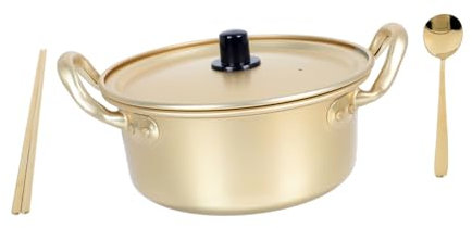 SOLUSTRE Olla Para Ramen Coreana 16cm Olla Antiadherente De Aluminio Utensilios De Cocina Para Guisar Sopa y Preparar Ramen Incluye Cuchara y Palillos Dorados