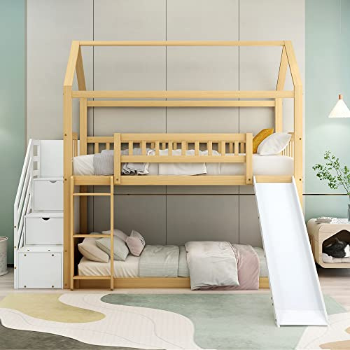 I0I&I0I Etagenbett Kinder mit Rutsche & Treppe mit Stauraum, Hochbett mit Gitter & Fallschutz, Spielbett Hausbett aus Holz in Natur+Weiß, Leiter mit Handlauf, Platzsparend & Sicher (Natur+Weiß)