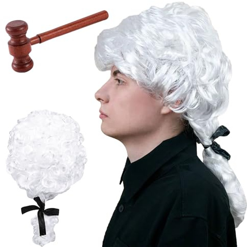 2 Pcs Judge Costume Accessories, Judge Wig Mini Wooden Toy Gavel, Costume Accessories for Cosplay Role-Playing for Adult Kids Halloween Dress Up, Halloween Cosplay (No Robe Included)