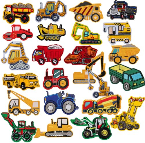 24 Stück Baufahrzeug Iron on/Sew on Patch Flicken Bügelbilder Bestickte Aufnäher Patches zum Aufbügeln für Aufnähen auf Jungen Hut,Jeans,Rucksäcke,Kleidung,Kleid,Jacken,T-Shirt