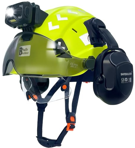 SAFEBUILDER Hard Hats with Visor and Headlight Ear Muffs Lightweight Vented Safety Helmet Headlamp for Construction Industrial Outdoor Work ANSI Z89.1 Approved (Fluorescent Yellow+CSV+B07+SHL01)