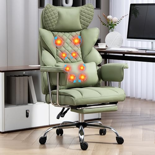 LONXIU Bürostuhl mit Massagefunktion,Chefsessel Bürostuhl mit Fußstütze,360° Drehfunktion, 90-135° Verstellbarer Rückenlehne und weichen Armlehnen für optimalen Komfort (Grün)