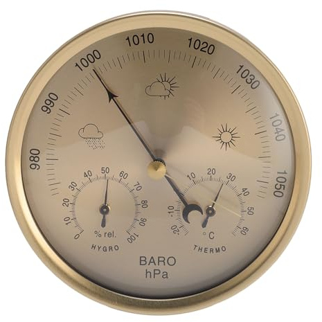 Fockety Thermometer, 3 in 1 Wall Hanging Aluminum Alloy Barometer Weather Station Mechanical Movement Dial Type Hygrometer for Greenhouse Indoor Outdoor