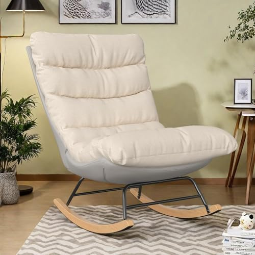 Poeahu Schaukelstuhl mit verstellbarer Rückenlehne, Relaxsessel, gepolstert, für Wohnzimmer, Schlafzimmer, Balkon, Leinen + technischer Stoff, Beige + Grau