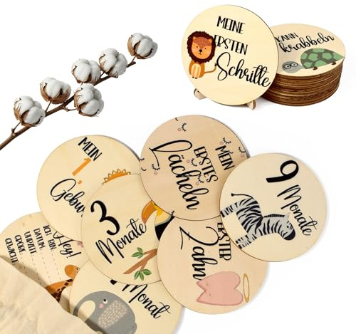 Baby Meilensteinkarten aus Holz – 12 runde Karten (24 Motive) – liebevoll gestaltet, nachhaltiges Holz – Monatskarten 1–12 & besondere Momente (Safari)
