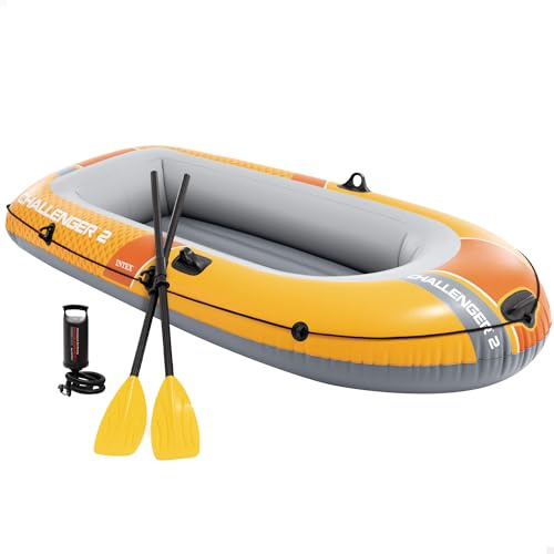 INTEX Challenger 2 Schlauchboot aufblasbar für 2 Personen bis 200 kg | Kunststoff-Paddel, Handpumpe, Flicken & Halteleine (236x114x 41cm) Super-Strong-Vinyl, 3 Luftkammern, I-Beam-Boden (66312NP)