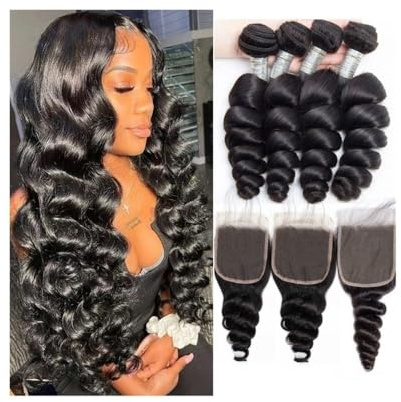 Paquete de cabello, Extensiones de cabello humano brasileño ondulado suelto 8 a 30 pulgadas con cierre, tejido negro, Remy rizado(28inch)