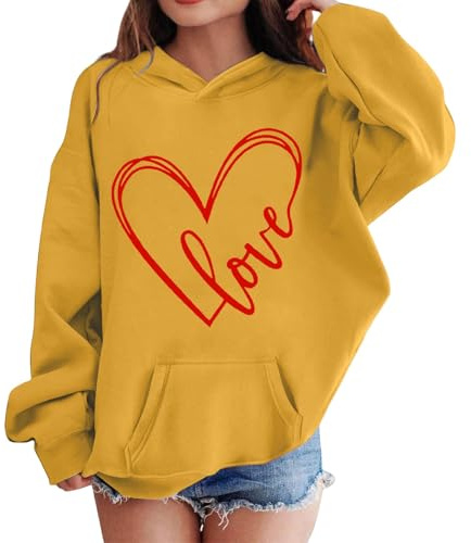 Mjjsk Flickor Hjärtan Grafisk Huvtröjor Trendiga Långärmad Huvtröjor Ledig Mode Preppy Pullover Toppar Komfort Mjuk Huvtröja Jumper, gUL, 3-4 Years