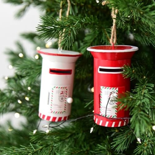 FACAIIO Mini buzón de metal para árbol de Navidad, 6,5 x 6,5 x 10 cm, decoración navideña en verde, blanco y rojo