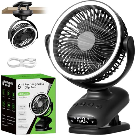 WUQNGI Mini Ventilator Leise,10000mAh USB Tischventilator Akku Aufladbar,Clip Ventilator Oszillierend Klein mit Timerfunktion Licht,Grow Ventilator Batterie für Schlafzimmer Auto Camping Kinderwagen