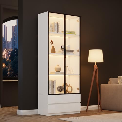 kowdom Glasvitrine mit LED Beleuchtung App Steuerung, Hochschrank 80x34x200cm, Vitrinenschrank mit 2 Türen und 2 Schubladen, Wohnzimmer Sideboard Bücherregal Weiß