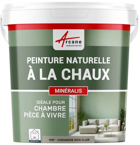 Peinture chaux, naturelle : peinture sans émanation, mineralis - 15 m² (2.5 kg en 1 couche) Coriandre Gris Clair - ARCANE INDUSTRIES