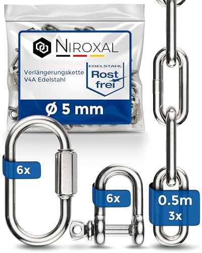 3 unidades 50cm =0,5 metros 3mm cadena de extensión de acero inoxidable de 5mm de espesor carga de ruptura max 350kg con grilletes mosquetón de cadena de V4A set de montaje suspensión de saco de boxeo