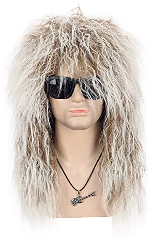 VGbeaty Vokuhila peruk lång lockig glam punk rock peruk för män och kvinnor brun färgtoning vit kostym peruk