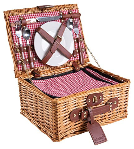 eGenuss Weidengeflecht Picknickkorb für 2 Personen mit Kühlfach & Zubehör – Picknick Set mit Besteck, Porzellanteller, Weingläser – für Camping, Hochzeit & Geschenkidee – ROT