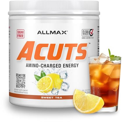 ALLMAX ACUTS Amino Energy Powder with Amino Acids Supplement, Sweet Tea, 30 Servings, Caffeine, Green Coffee Extract, 2000 mg Taurine, L-Carnitine, Sugar Free, Gluten & Dye Free, Amino Acid Drink