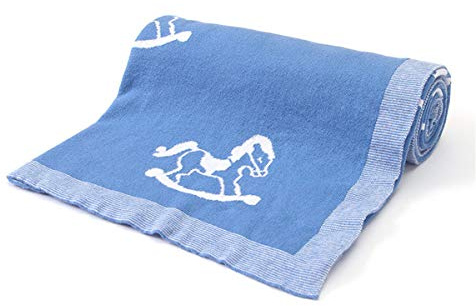 Surwin Manta de Punto para Bebé Recién Nacido, Suave y Cálida Algodón Punto de Crochet Cobija Toalla de Cama Niños Niñas Swaddle para Bebe Cuna, Cochecito (80x100cm,Caballo de Troya Azul)
