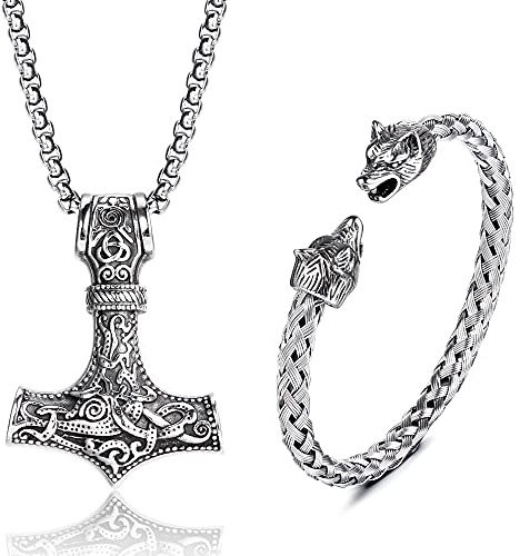 JeweBella Mjolnir Colgante Vikingo Hombre Pulseras de Cabeza de Lobo Cadena Acero Inoxidable Hombre Martillo de Thor Colgante Collar con Nudo Celta Vikingos Nórdico Joyería