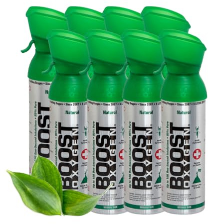 Boost Oxygen - Bombola di Ossigeno Portatile - Bomboletta di Ossigeno Puro e Naturale al 95% - Concentrazione, Recupero, Energia, Umore, Medio - 40Lt, 8x5Lt (8x Pacchi - 800 Inalazioni) - Naturale