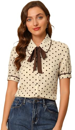 Allegra K Damen Bubikragen Bluse Kurzarm Polka Dots Gepunktet Oberteile Tops Beige L