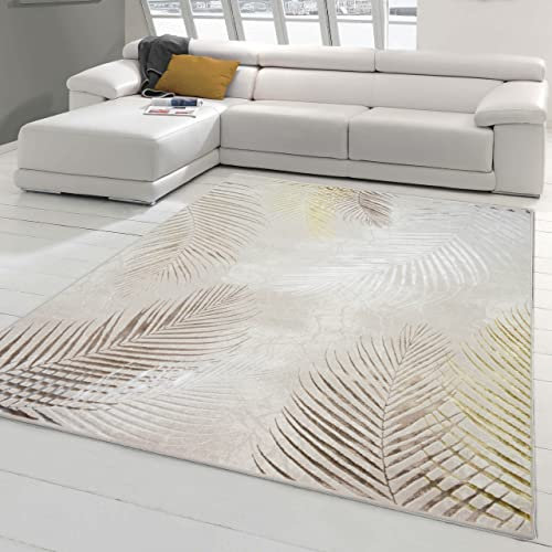 Teppich-Traum Designer Teppich Flur Wohn- & Schlafzimmer Palmenzweige Creme grau Gold Größe 120x170 cm