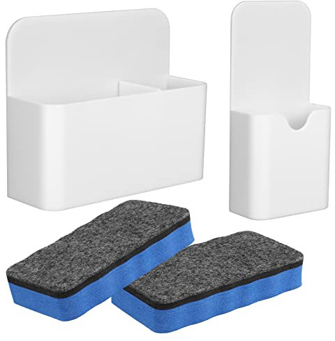olyee Magnetischer Stiftehalter, 2 Stück Stifthalter Magnetisch mit 2 Stück Whiteboard Schwamm Magnetisch Markerhalterung Zubehör für Schule, Büro, Whiteboard, Kühlschrank, Schließfach (Weiß)