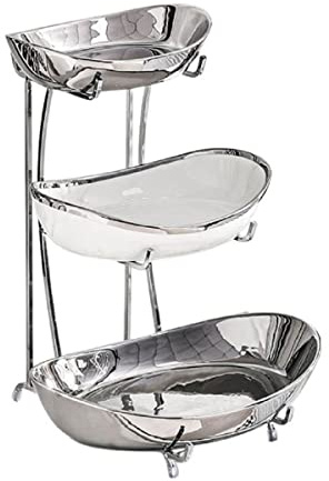 JUNYFFF Obst Etagere Obstschale Keramik 3 Stöckig Porzellan Obstteller 3-Etagen Keramik-Servierschalen, Obst- & Gemüseschale Aus Keramik & Mit Metallstütze,Servierschalen Für Desserts, Obst, Gemüse,B