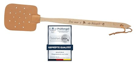 Neustanlo - Fliegenklatsche aus Holz und Leder - mit Spruch Das war´s du Biest!!! - extra stark - mit Holzstiel und Lederband - 47,5 cm