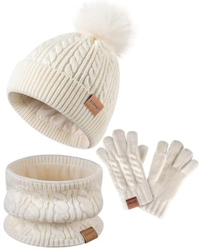 ZUPPAD Mütze und Schal Kinder Set, Kinder Beanie Mütze Winter mit Bommel Strick Halswärmer Halstuch Schlauchschal Warme Handschuhe Fleece Gefüttertes Geschenk Set für Mädchen Kinder