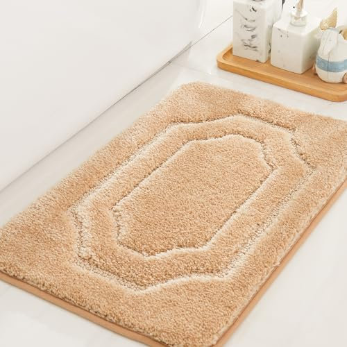 BEQHAUSE Badteppich rutschfeste, Weicher Badematte Waschbar Flauschig, Badezimmerteppich Wasserabsorbierend, Badvorleger für Dusche,Badewanne und Toilette, Beige, 40 x 60 cm