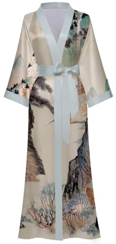 MEDUOLA Albornoces de Verano para Mujer Bata Kimono de Satén Pijama Seda Estampado con Talla Única Camisón Largo Sexy y Elegante colinas gris