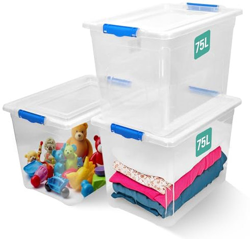 KLASS 3 x 75 Litre Storage Boxes with Lids, Clip-Lock Lid, Clear Plastic Storage Box Containers, Multipurpose Medium Plastic Box, Sturdy Stackable Storage Boxes For Home & Office