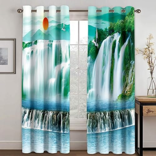 MTBDDyyds Vorhänge Für Kinderzimmer Jungen - 3D Wasserfall Ozean Landschaft 220X215Cm - Kinderzimmervorhänge Mit Ösen, Verdunkelungsvorhang Gardinen Schals Vorhang Blickdicht