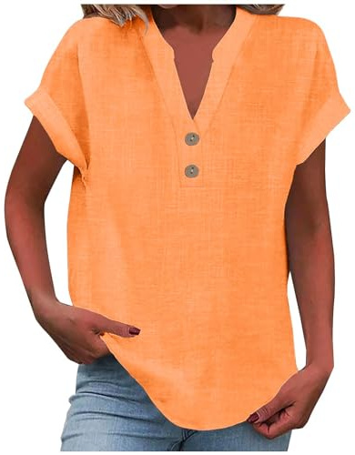 HUIFUAO T-Shirts d'été à col en V pour Femmes à Manches Courtes Basiques élégants boutonnés Hauts Noirs pour Femmes