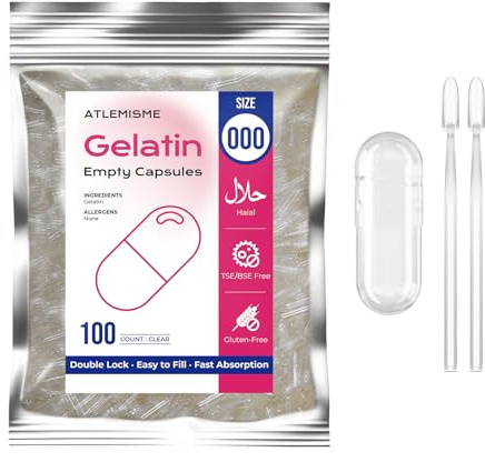 Empty Capsules Size 000 100 Count,Clear Empty Gelatin Capsules Kosher,Halal and Non GMO Certified for DIY Supplements.Hypoallergenic Gel Capsules Empty with 2 Spoons,Adapted to the Capsule Filler