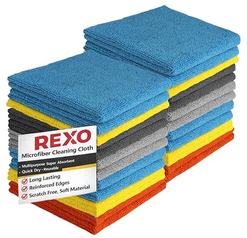 REXO - Microfibre Cloth 30x30cm Pack Of 50 Lint Free And Streak Free Cleaning Cloths Wipes For Home Furniture Polish, Kitchen, Car Cleaning, Bathroom, Window, Glass, Mirror And More (Mixed)