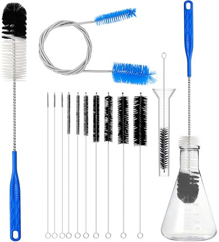 12Pcs Glass Tube Pipe Cleaners Brush Kit,Long Nylon Straw Brush for Glass Funnel and Bottle,17-inch Long Handle,8.2-in Different Diameters Brushes,35-in Flexible Double-Ended Hose Tool (Blue)