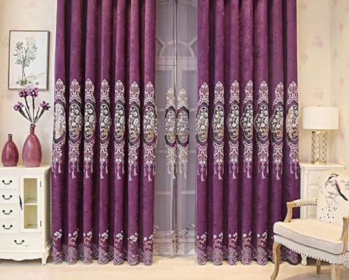 Daesar Gardinen Blickdicht mit Haken 107x229CM, Verdunkelungsvorhang Kinderzimmer 2er Set Vintage Stickerei mit Blumen Motiv Schiebevorhänge Lila Vorhänge Schlafzimmer Wohnzimmer