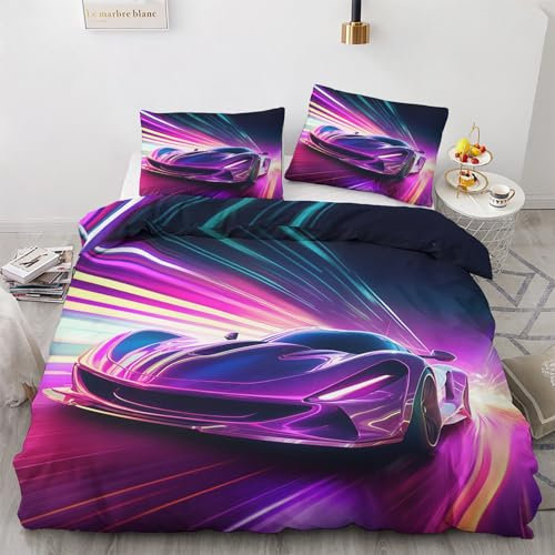 Generisch Sportwagen Deko - Sportwagen Bettwäsche 135x200 Sommer, Jungen Neon Rennwagen Bettbezug 135 x 200 2er Set mit Kissenbezug 80x80, Weiche Mikrofaser Sommerbettwäsche mit Reißverschluss
