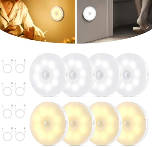 Motion Sensor Lights Indoor, USB Rechargeable LED Night Light, Auto/On/Off Modes, Warm/Cool White, Dimmable Stick On Stair Lights for Wardrobe, Bedroom, Kitchen, Hallway, Closet, Corridors, 8 Pack