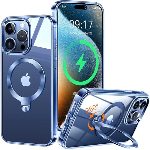 HaloArt 360° Drehbarer Ständer Magnetische Hülle für iPhone 15 Pro Max [Stabilster Unsichtbarer CD-Ring Ständer für Mag-Safe] [ Nr.1 Magnetkraft & Militärschutz] Stoßfest Schutzhülle Dünn, Blau