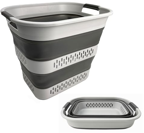 SAMMART Zusammenklappbarer Wäschekorb aus Kunststoff, 40 l, faltbarer Pop-Up-Aufbewahrungsbehälter/Organizer, tragbarer Wäschesammler, platzsparend (1, Grau)