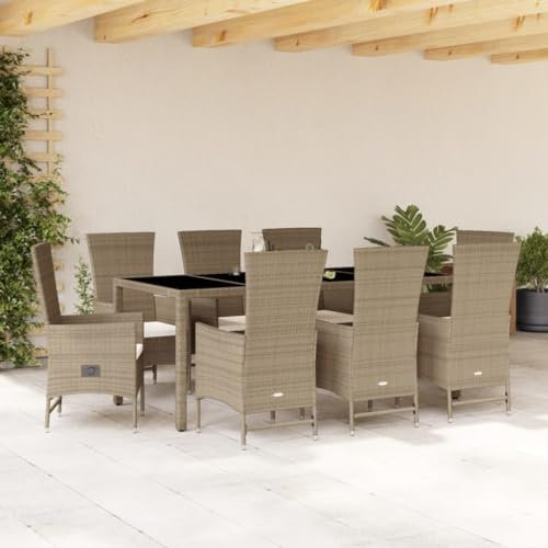 Homgoday Set da pranzo da giardino 9 pezzi con cuscini in rattan sintetico beige, sedia tavolo cucina esterno terrazza patio balcone mobili tipo 2
