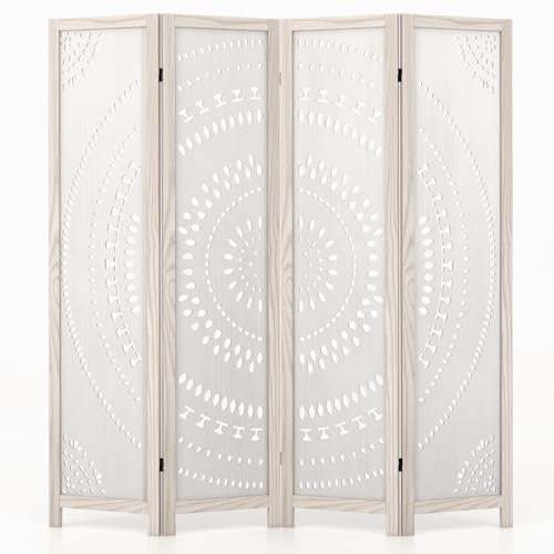 COSTWAY 4 Panel Folding Room Divider, Boho Solid Paulownia Wood Wall Privacy Screen Protector with Carved Pattern, Freestanding Room Partition Paravent Separator for Bedroom Living Room, 160x166cm