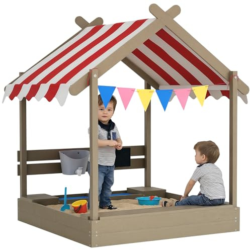 Outsunny Sand Pit Wooden Sandpit Kids Sandbox House for Outdoors, Gardens with Canopy, Liner, Blackboard, Sink, Seats, Flags, for Ages 3-7 Years - Grey