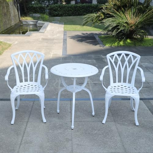 TangXiaoQi trädgårdsmöbler set 3 delar, bistroset av gjuten aluminium, ornamentalt bord och 2 stolar (vit)