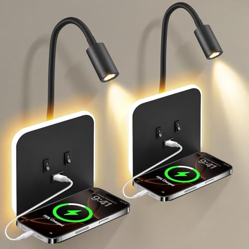 Applique Murale Intérieure LED, Liseuse de chevet LED avec Interrupteur Port USB, Plateau, 360°Réglable Applique Murale Lampe de Lecture de Chevet, Cou Flexible Lampe de Lecture, Lumières Murale(B)