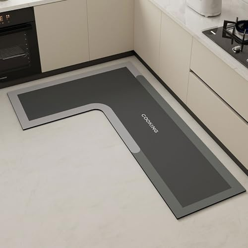 Hixingo Küche Teppich rutschfest, Rechte L Form Abwaschbar Kieselgur Küchenläufer, Schnelltrocknend Küchenteppich Absorbierend Teppich Läufer Küchenmatte (Kochgrau,80x150cm)